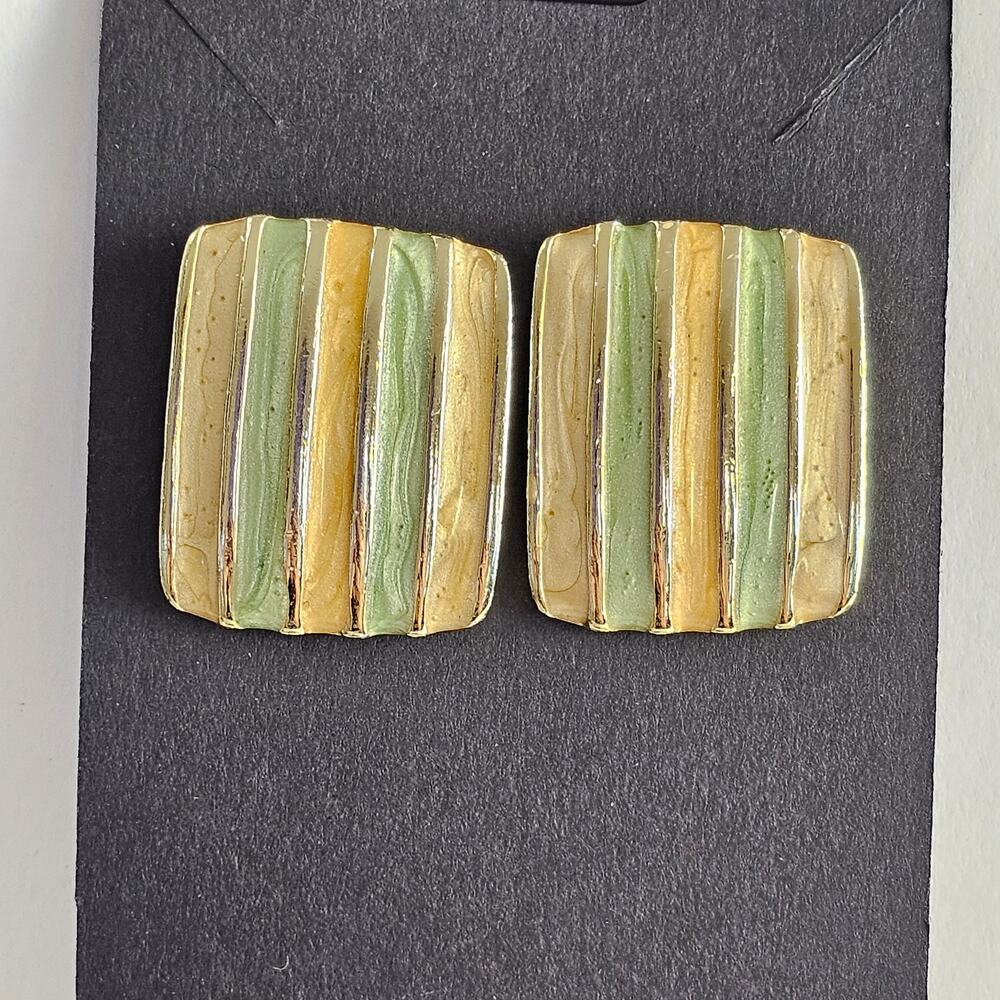 Vintage Pierced Enamel Earrings Green Gold Striped Rectangle Studs Retro 1980s